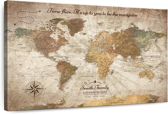 ElephantStock - Personalized Be The Navigator I Push Pin World Map Wall Art - Horizontal Canvas Wall Art - Living Room Wall Decor - Digital Art Map Canvas Art - Brown And Beige Decor - 24" x 16"