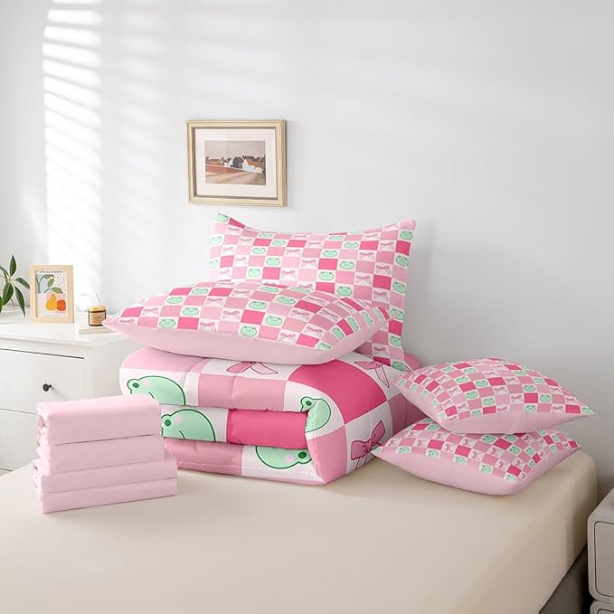 7 Pieces Cartoon Frog Kids Comforter Set Full,Pink Bowknot Bow Tie Butterfly Knot Bedding Set,Geometric Plaid Grid Patchwork Cute（Comforter+Fitted+Flat Sheet+2 Pillowcases+2 Throw Pillow Covers）