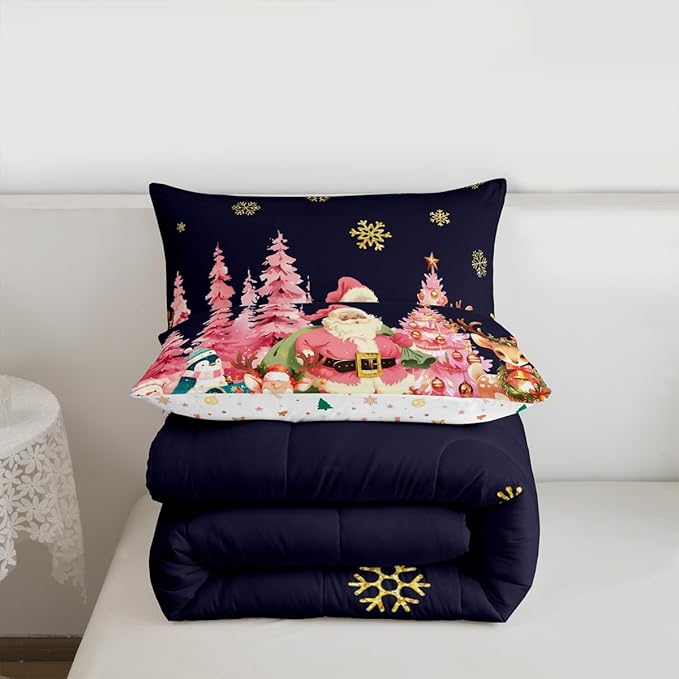 jejeloiu Merry Christmas Comforter Set Queen Size Santa Claus Bedding Set for Kids Boys Girls Cute Deer Duvet Quilt Dark Blue Bedroom Decor