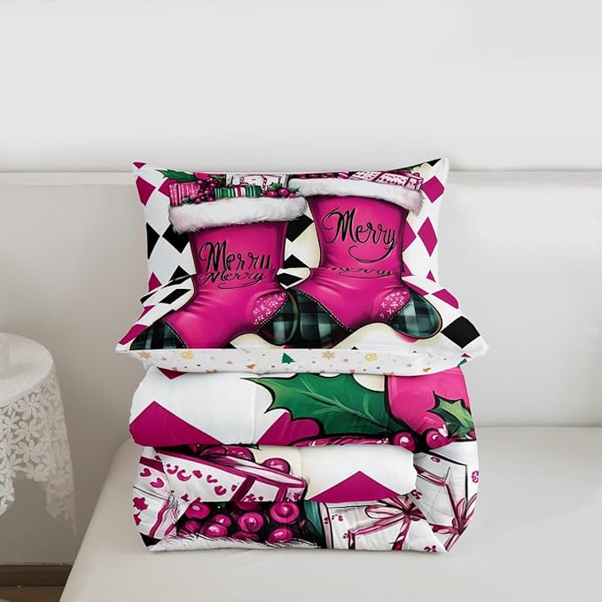Feelyou Merry Christmas Comforter Set All Season Cartoon Shoes Bedding Set with 2 Pillow Cases Microfiber Kids King Bedclothes Winter Bedroom Decor Duvet Quilt Breathable Soft