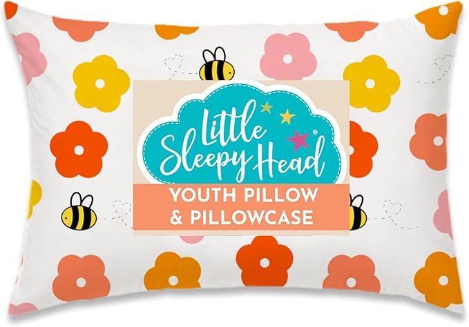 Little Sleepy Head Youth Pillow with Pillowcase 16x22, Soft Jumbo Toddler Pillows, Hypoallergenic Pillow Case - Best Kids Pillows for Sleeping, Perfect Kids Travel Pillows (Bee Happy)