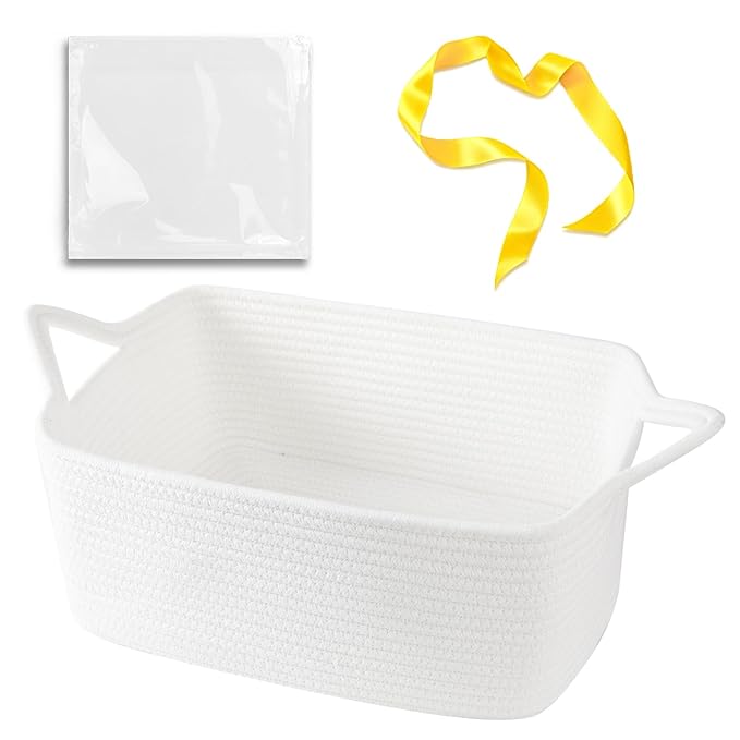 OIAHOMY Woven Rope Basket with Gift Bags and Ribbons, Gift Basket Empty for Baby Shower Birthday, Halloween, Christmas, Cute Cat Ear Handles for Shelf Living Room Bathroom,White,19L