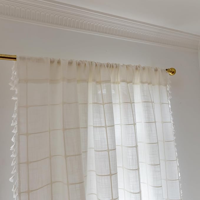Deeprove Boho Plaid Curtains 63 inch for Home Office Kitchen Nursery, Semi Blackout Casual Farmhouse Tassels Window Treatment Bohemian Embroidery Drape Rod Pocket 1 Panel 52 W x 63 L, Cream White