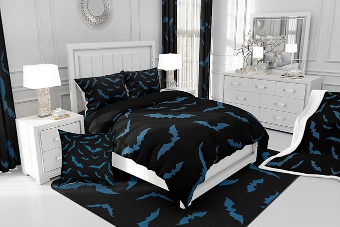 Erosebridal Halloween Decor Bedding Set for Kids Boys Youth Turquoise Bats Comforter Set Toddler Size Gothic Spooky Quilt Happy Holiday Style Duvet Insert with 1 Pillow Case,Black