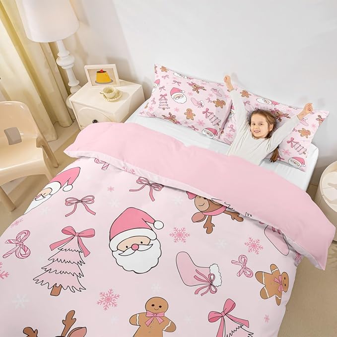 Feelyou Kids Pink Christmas Bedding Set Queen Size Merry Christmas Snowman Duvet Cover for Boys Girls Teens Bedroom Decor Santa Claus Comforter Cover Soft Microfiber Xmas Tree Deer with 2 Pillow Case