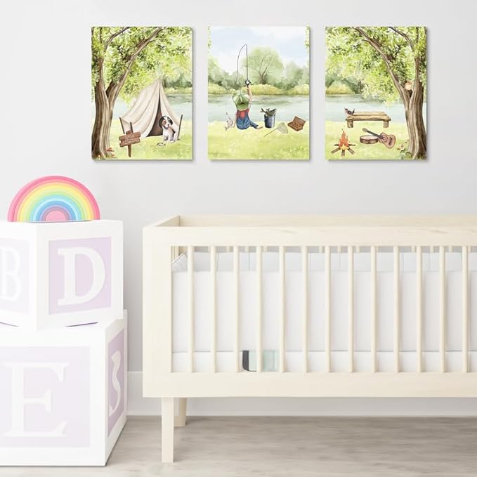 Fishing Nursery Wall Decor, Woodland Camping Nursery Decor Print, Green Mountain Forest Hiking Art, Outdoor Adventure Nature Picture for Boy Room, Little Man Cave Poster, Framed Canvas, 16"x24"x3