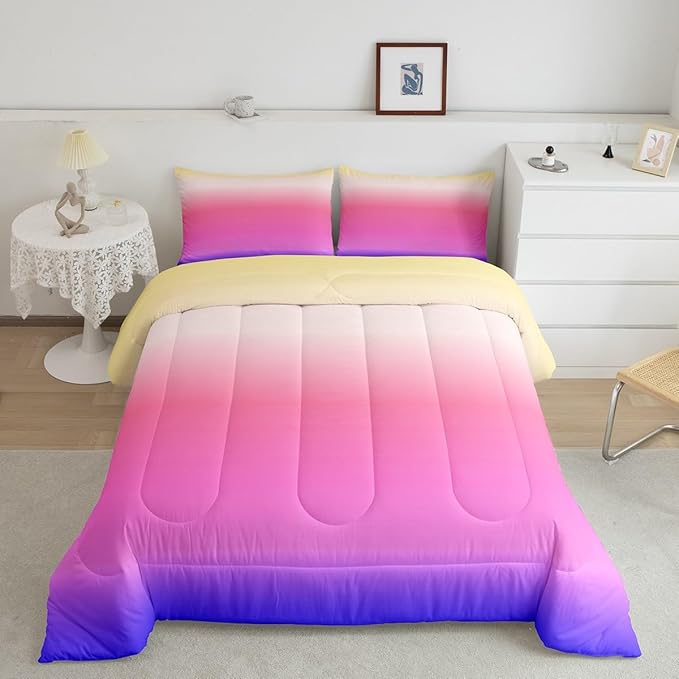 Feelyou Ombre Comforter Queen Set - Pink Purple Rainbow Bedding for Boys Girls, Colorful Gradient Duvet Set, Decorative 3Pcs