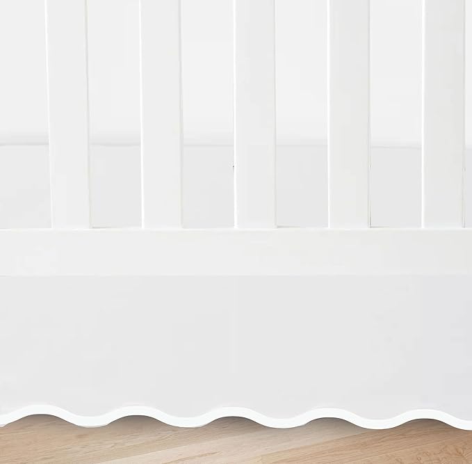100% White Cotton Sateen Crib Skirt Scalloped Hem with Split Corners ; 4-Sided Skirt fits Around The Entire Crib (White, 28"x52"+ Drop 8'' INCH)