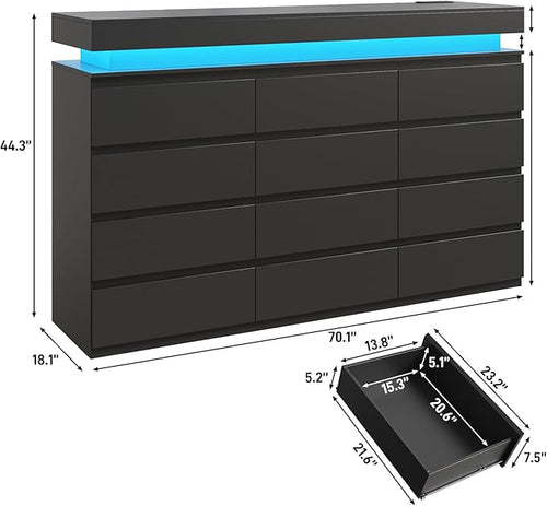 12 Drawer Dresser for Bedroom, 70" Wide 44" Tall Dresser with LED Light & Charging Station, Modern Chest of Drawers for Closet, Living Room, Entryway, Hallway (Black, 12 Drawers)