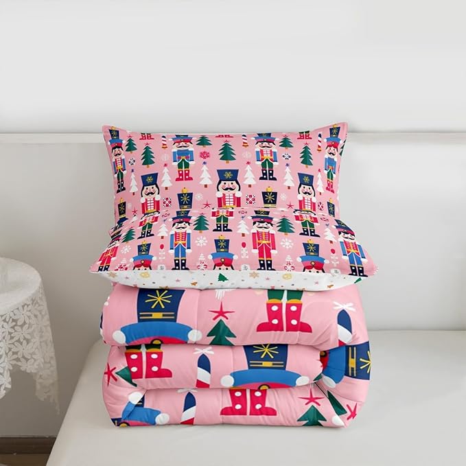 Feelyou Cute Nutcracker Kids Comforter Set Toddler Christmas Tree Bedding Set Xmas Snowflake Duvet Quilt for Kids Boys Girls Bedroom Colorful Soldier Decor Candy-Cane Designs Soft Breathable
