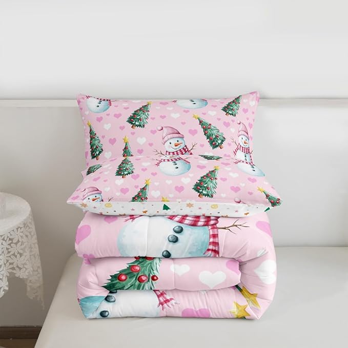 Feelyou Merry Christmas Comforter Set All Season Cute Snowman Bedding Set with 2 Pillow Cases Christmas Tree Microfiber Kids King Bedclothes Love Hearts Duvet Quilt Breathable Soft Lightweight