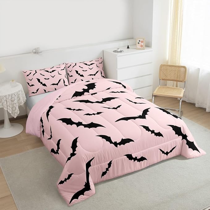 Erosebridal Pink Halloween Bedding Set Gothic Bats Comforter Set King Size,Spooky Halloween Decor Quilt for Kids Boys Girls Adults Black Pink Goth Themed Duvet Insert,Goth Horror Animal