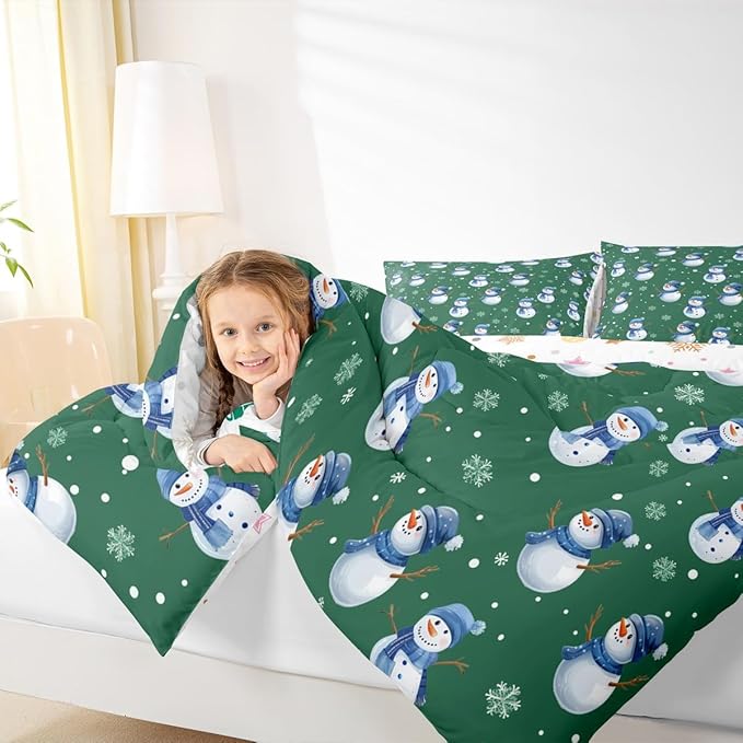 jejeloiu Kids Cute Winter Snowman Comforter Set King Size Green Christmas Theme Bedding Set for Boys Girls Teens Xmas Snowflake Happy New Year Duvet Quilt Room Decor