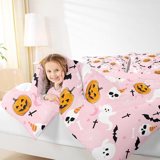 Erosebridal Pink Halloween Comforter Set Cute Ghost Bedding Set King Size,Spooky Pumpkin Bat Decor Quilt for Kids Boys Girls Adults Vintage Halloween Decorations Down Comforter