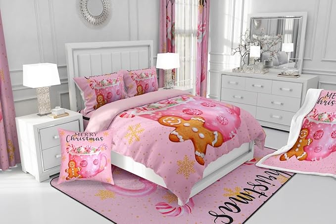Erosebridal Merry Kids Comforter Sets Christmas Decor Toddler Bedding Sets Pink Xmas Snowflake Down Comforter Dessert Gingerbread Man Bed Set for Boys Girls Teens