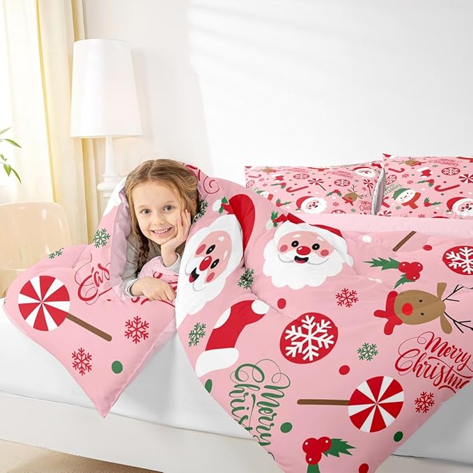 Feelyou Merry Christmas Kids Comforter Set Toddler Size Santa Claus Snowman Bedding Set Deer Berries Duvet Quilt for Kids Boys Girls Bedroom Snowflake Decor Microfiber Ultra Soft Breathable