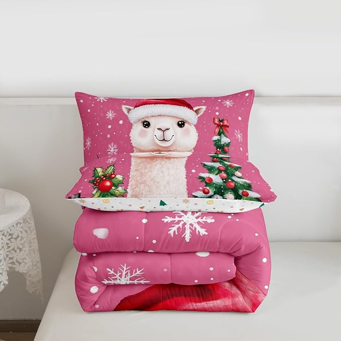 Feelyou Merry Christmas Bedding Set Soft for Boys Girls, Cute Llama Comforter Set King Size Snowflake Duvet Quilt Microfiber Christmas Tree Bedroom Decor 3 Pcs with 2 Pillow Cases