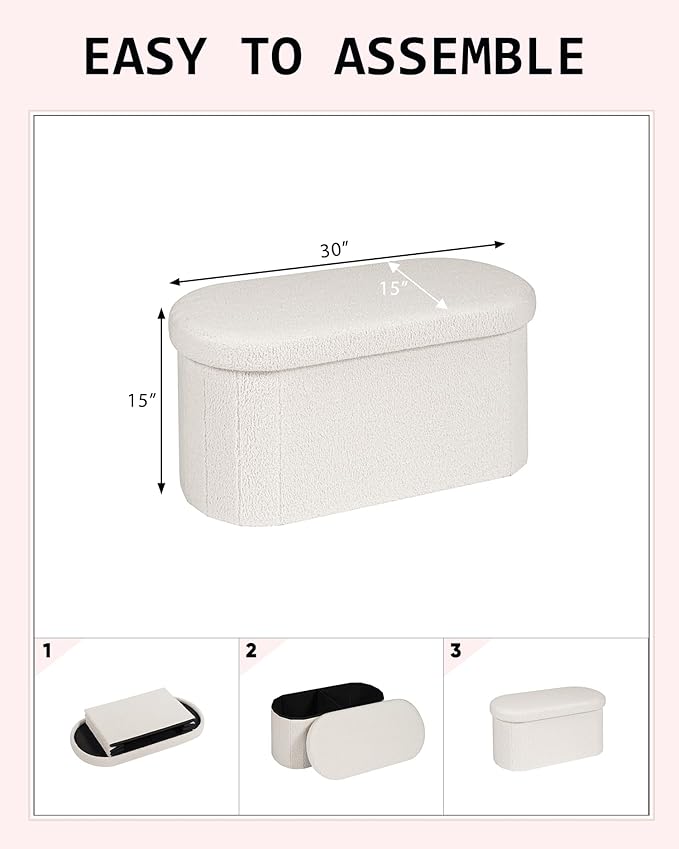 30" Oval Foldable Ottoman with Storage, Teddy Boucle Fabric Footrest, Storage Bench for Living Room, Bedroom, Entryway, Dorm, White