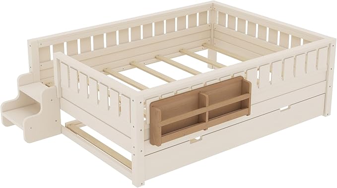 Bellemave Full Size Kids Bed with high Rails and with Built-in Bookshelf and Trundle for Kids, Girls, Boys, Wood Montessori Bed Without Door, Beige