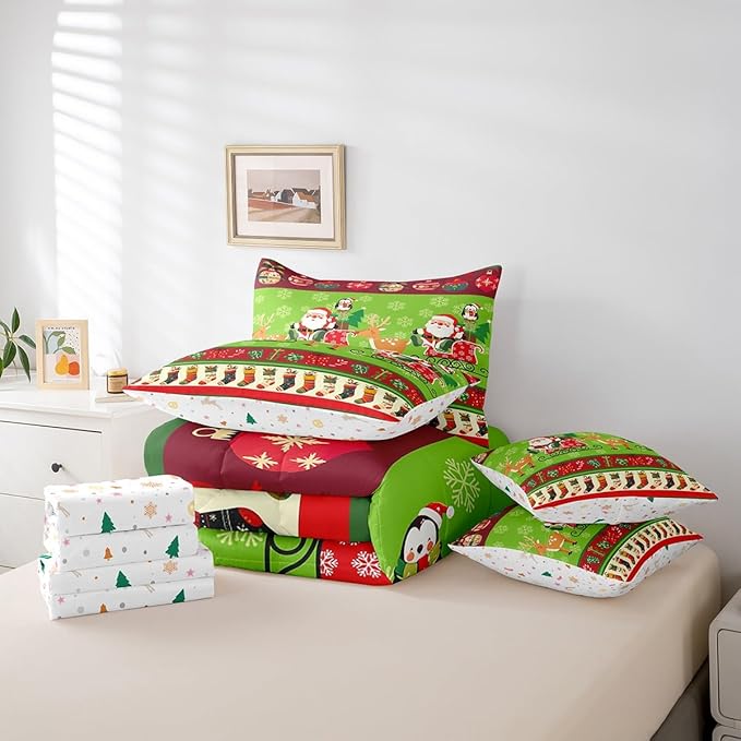 Feelyou Christmas Santa Claus Deer Bedding Set Cartoon Stockings Bedding Set for Kids Boys Girls Teens Decor Christmas Snowflake Bed in a Bag Kawaii Bed Set 7Pcs King Size