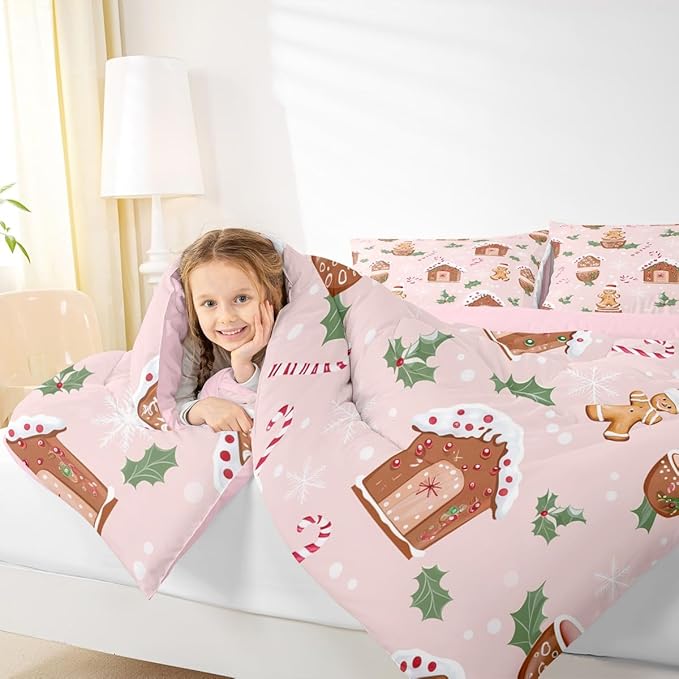 Feelyou Pink Christmas Comforter Set All Season Gingerbread Man Bedding Set with 1 Pillow Cases Christmas Pastry Microfiber Kids Toddler Bedclothes Candy Cane Bedroom Decor Duvet Quilt Breathable Soft