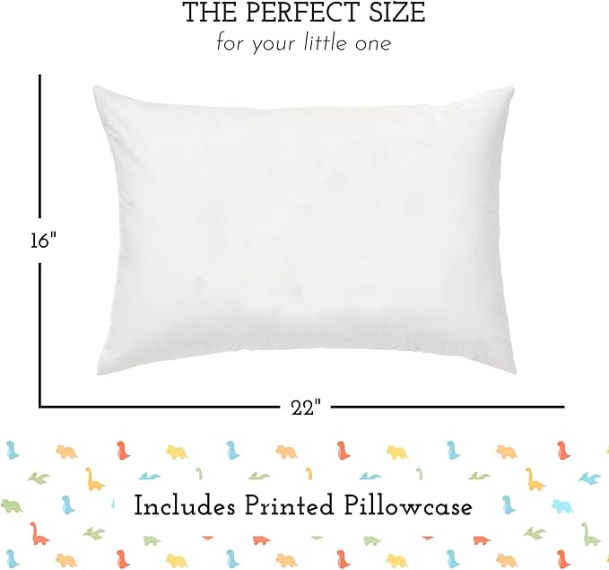 LittleSleepy Head Youth Pillow with Pillowcase 16x22, Soft Jumbo Toddler Pillow & Hypoallergenic Pillowcase - Best Kids Pillows for Sleeping, Perfect Kids Travel Pillow (Little Dinos)