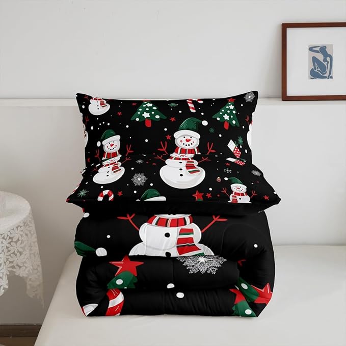jejeloiu Kids Cute Winter Snowman Comforter Set Full Size Christmas Theme Bedding Set for Boys Girls Teens Xmas Candy Cane Snowflake Happy New Year Duvet Quilt Room Decor