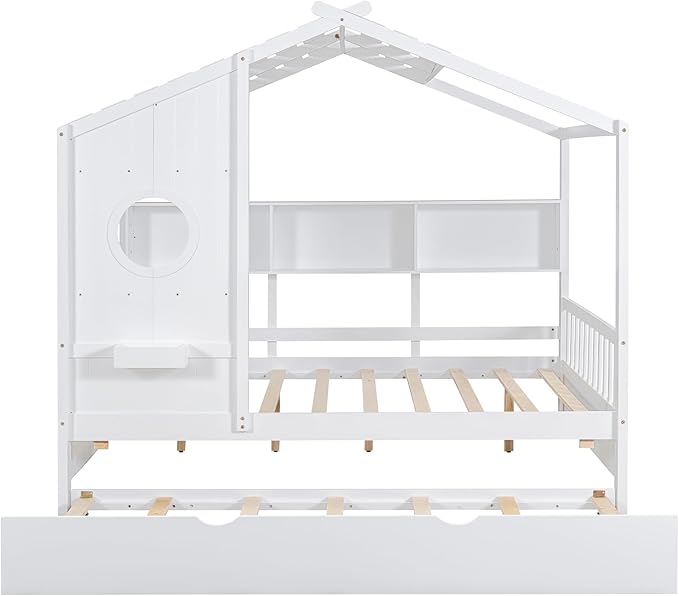 Bellemave Full Size House Bed Frame with Trundle for Kids,Full Kids Bed Frame with Bookshelves,Solid Wood House Bed for Girls,Boys,Can be Decorated,White