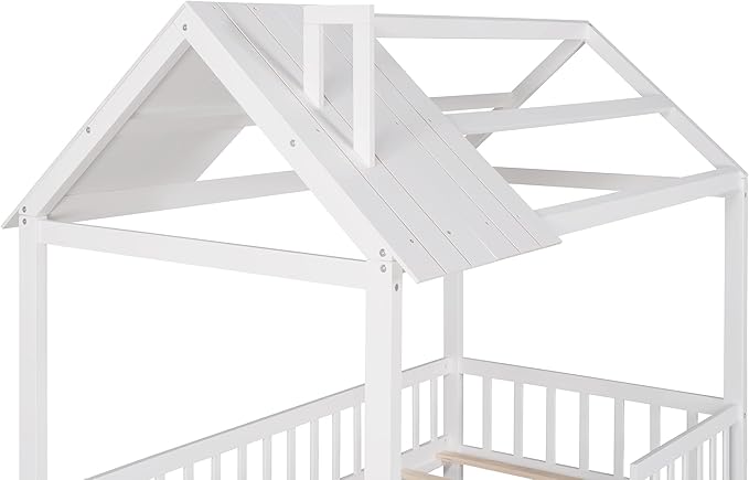 Bellemave Twin House BedFrame with Roof, Montessori Floor Bed, House Bed with Rails for Kids, White