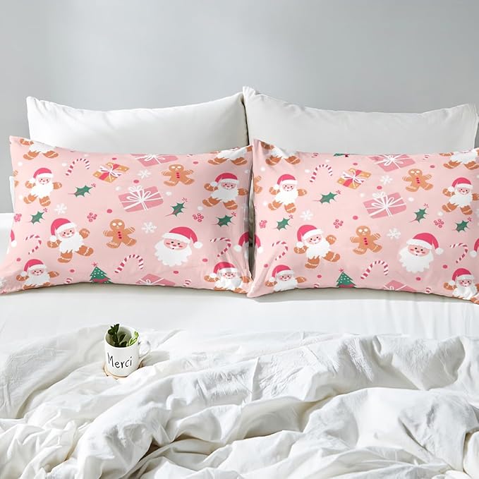 Feelyou Merry Christmas Bedding Set Cookies Candy Duvet Cover Set for Kids Boys Girls Pink Christmas Comforter Cover Quilt Cover Bedroom Collection 2Pcs Twin Size,No Comforter