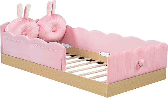 Twin Size Upholstered Platform Bed with Safety Guardrail and Cute Rabbit Ear Shaped Pillows, Velvet Fabric Montessori Kids Floor Bed with Pocket and Sturdy Slats Support (Pink-9.25)