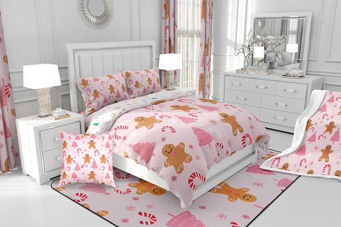 Feelyou Cute Gingerbread Man Comforter Set All Season Pink Christmas Tree Bedding Set with 2 Pillow Cases Candy Cane Kids Full Snowflake Room Decor Christmas Duvet Quilt Breathable Soft Lightweight