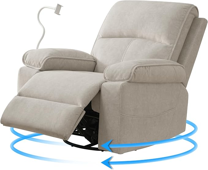 Nursing Rocking Chair for Breastfeeding, Swivel Rocker Nursery Glider Recliner with Adjustable and Removable Phone Holder for Living Room,Nursery Room, Baby Essentials,Beige