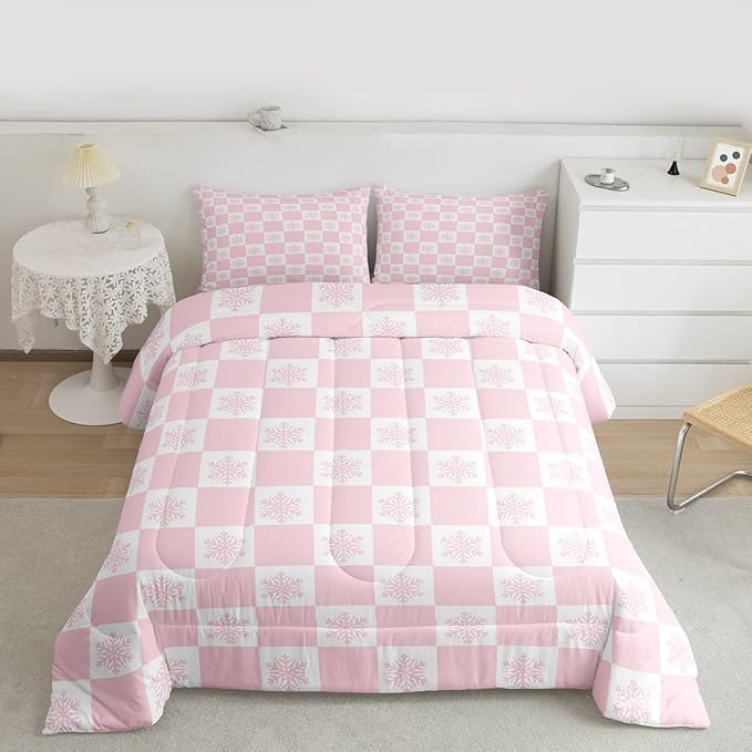 Feelyou Christmas Kids Comforter Set Queen Size Checkered Bedding Set Snowflake Duvet Quilt for Kids Boys Girls Bedroom Xmas Decorations Decor Pink Microfiber Ultra Soft Breathable