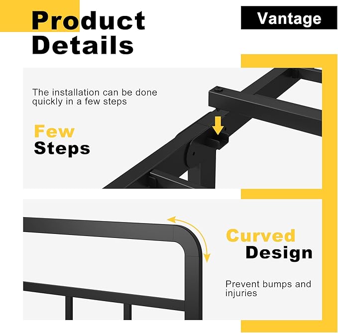 16 Inch Queen Bed Frame with Headboard No Box Spring Needed, Heavy Duty Metal Queen Size Platform with Steel Slat, Mattress Foundation, Easy Assembly, No Noise, Black