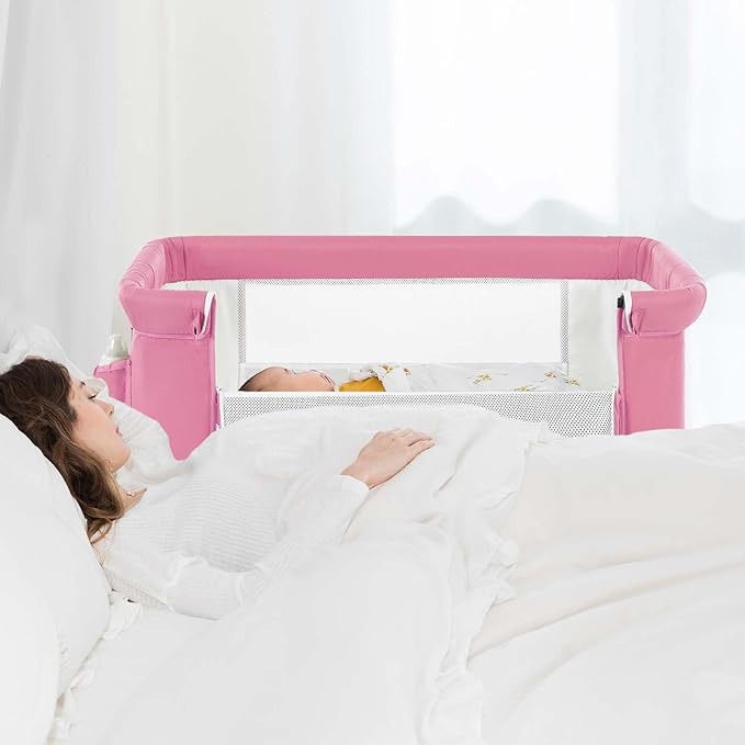 Ihoming Baby Bassinet Bedside Sleeper, Baby Bed Side Crib with Storage Basket, Easy Folding Bassinets, Adjustable Baby Bed for Infant Newborn, Pure Pink