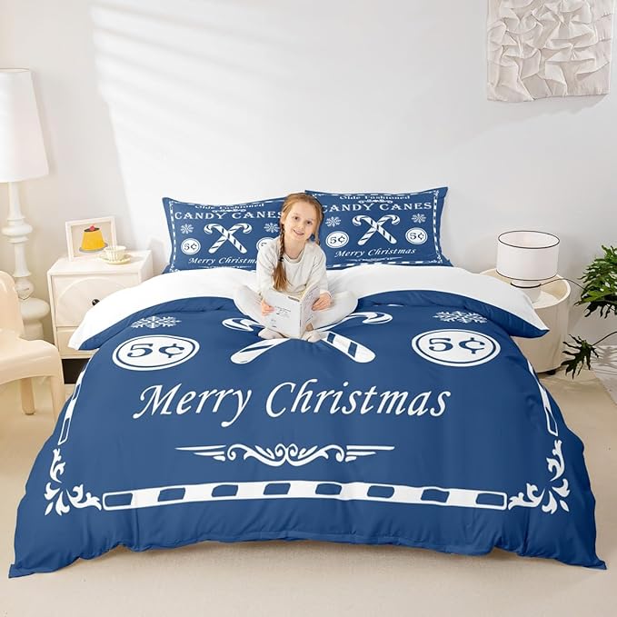 jejeloiu Christmas Bedding Set Full Size Kids Christmas Quote Comforter Cover Set for Boys Girls Teens Candy Canes Print Duvet Cover Xmas Bedspread Cover Room Decorations Blue Quilt Cover