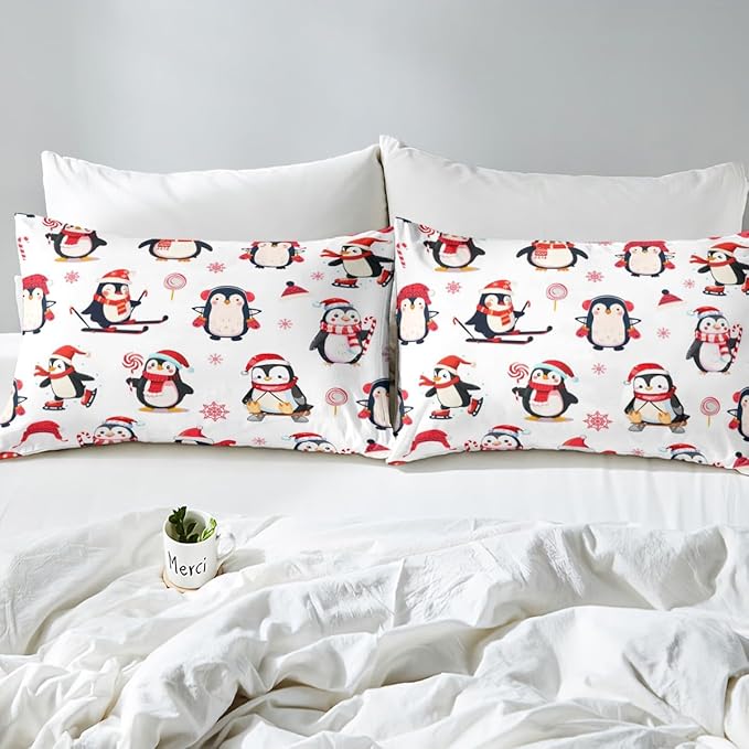 Feelyou Cartoon Penguin Duvet Cover Funny Animal Printed Christmas Day Bedding Set for Kids Room Cute Polar Animal Pattern Decor Comforter Cover Set Snowflake Bedspread Cover 3Pcs Zipper King Size