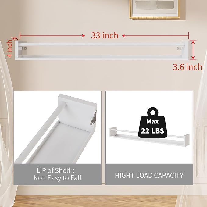 33Inch Metal Nursery Book Shelf, Set of 4, Wall Monted Floating Shelf with Lip, Wall Bookshelf for Kids, Hanging Shelves White ，Patent Number:29947306