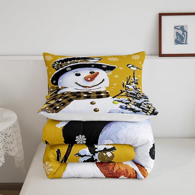 Feelyou Kids Christmas Theme Decorations Bedding Set Xmas Snowman Comforter Set for Boys Girls Snowflake Kawaii Cute Comforter Bright Yellow Quilt Set Bedroom Collection Queen Size