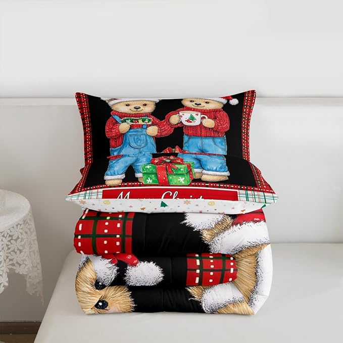 Feelyou Merry Christmas Bedding Set Soft for Boys Girls, Cute Bear Comforter Set Twin Size Duvet Quilt Microfiber Winter Bedroom Decor 2 Pcs with 1 Pillow Cases