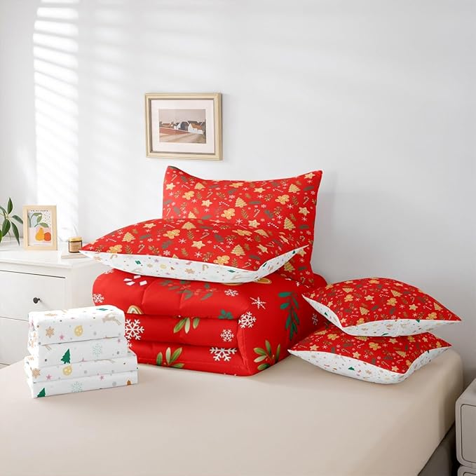 Feelyou Christmas Tree Comforter Set King Size 7 Pieces Cute Gingerbread Man Bedding Set for Kids Boys Girls Red Botanical Bed in a Bag Reversible Xmas Decor Bedroom Quilted Breathable Soft