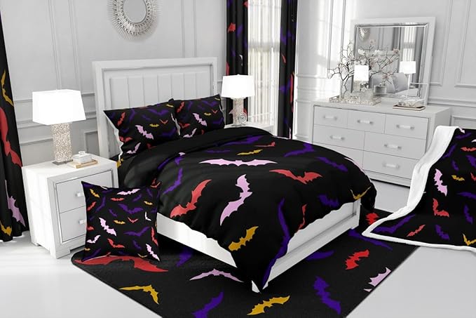 Erosebridal Bat Bedding Set Twin Size for Kids Children Happy Halloween Comforter Set Flying Bat Quilt Gothic Spooky Down Comforter with 1 Pillow Case,Purple and Pink