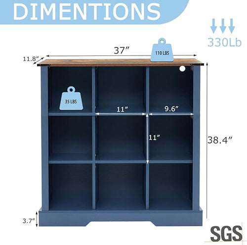 9 Cube Storage Organizer, Wood Cube Bookshelf with LED Lights, Horizontal Storage Cubes, Kids Bookshelf, Display Cabinet Cubby Shelf for Living Room Home Office Bedroom，Navy Blue