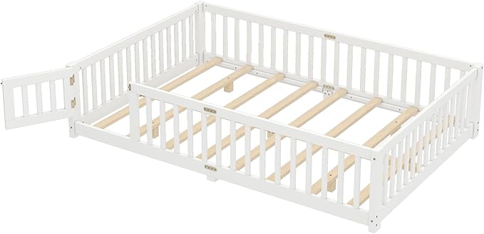 Harper & Bright Designs Queen Floor Bed Frame with Safety High Fence, Wood Montessori Beds with Door, Floor Bed Queen with Solid Wood Support Slats for Boys, Girls, Kids, White