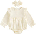 Newborn Infant Baby Girl Clothes Cotton Linen Long Sleeve Smocked Bubble Romper Ruffle Bodysuit Jumpsuit Fall Outfit