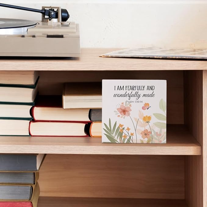 Bible Verse Boho Watercolor Wooden Box Block Plaque Sign, Christian Religious Gift, I Am Fearfully And Wonderfully Made, Inspirational Christian Nursery Home Desk Shelf Decor, 5x5