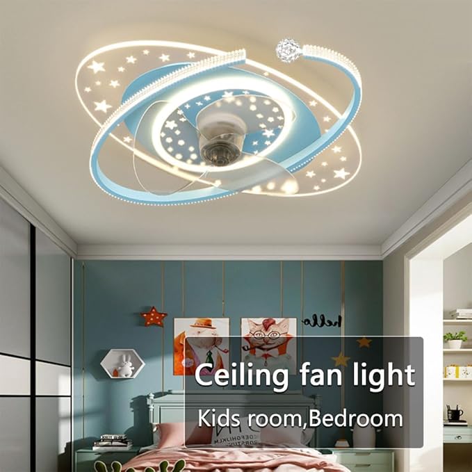Indoor Ceiling Fans with Lights Remote Dimmable 48W LED Ceiling Lights with Fan Blue Ceiling Fans 6 Speeds Fan Ceiling with Light for Boys Room Bedroom Kids Room