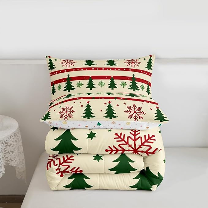 Feelyou Christmas Bedding Set Soft for Boys Girls, Xmas Tree Comforter Set Twin Size Snowflake Star Duvet Quilt Microfiber New Year Theme Bedroom Decor 2 Pcs with 1 Pillow Cases