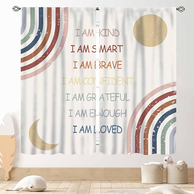 Rainbow Curtains for Girls Bedroom, Boho Rianbow Quotes Inspirational Motivational Positive Colorful Pastel Window Drapery for Baby Kids Living Room Toddler Nursery Classroom 2 Panels, 52"x84" Inch